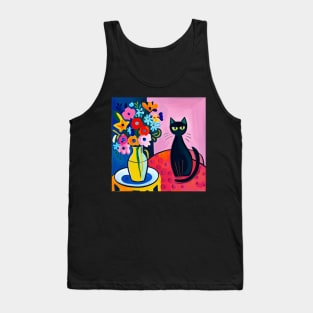 Black Cat in Still Life Painting with Flowers in Vase Tank Top